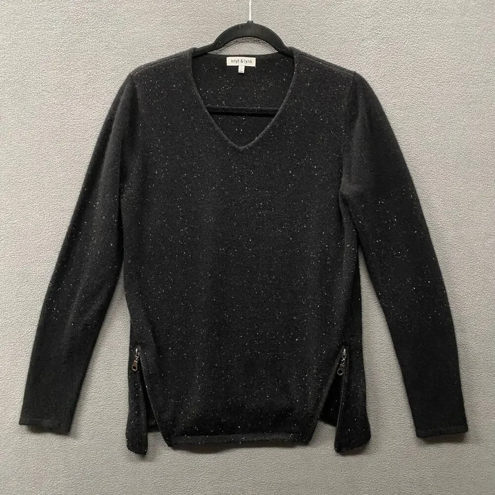 Knyt Lynk Cashmere V Neck Sweater Black Women S Speckled Casual Cozy Long Sleeve